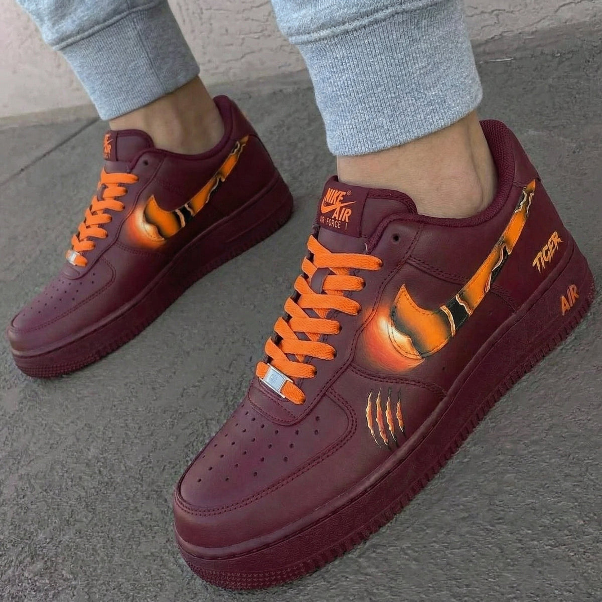 Tiger Theme Burgundy Orange Custom Air Force 1