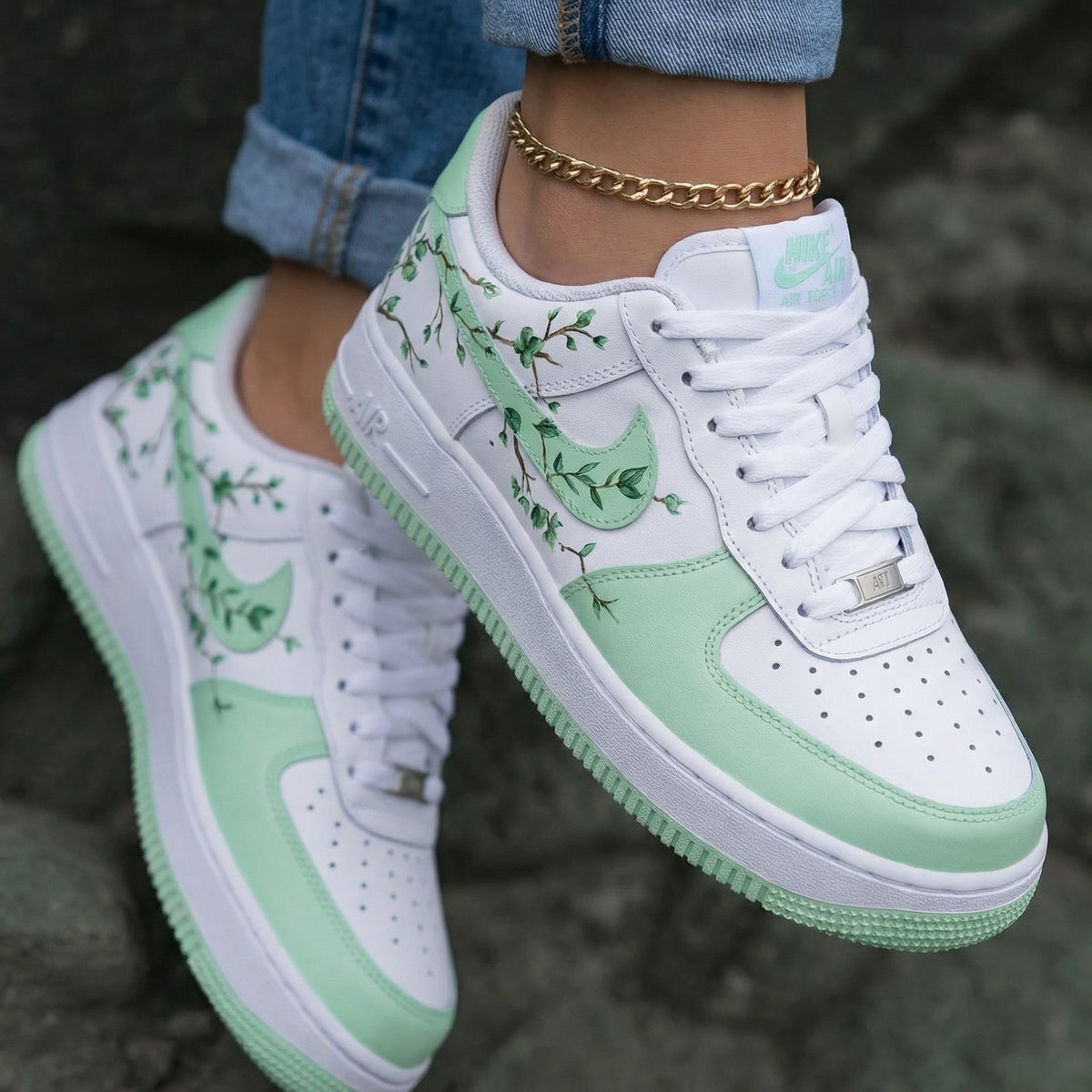 Vine Leaves White Light Green Custom Air Force 1