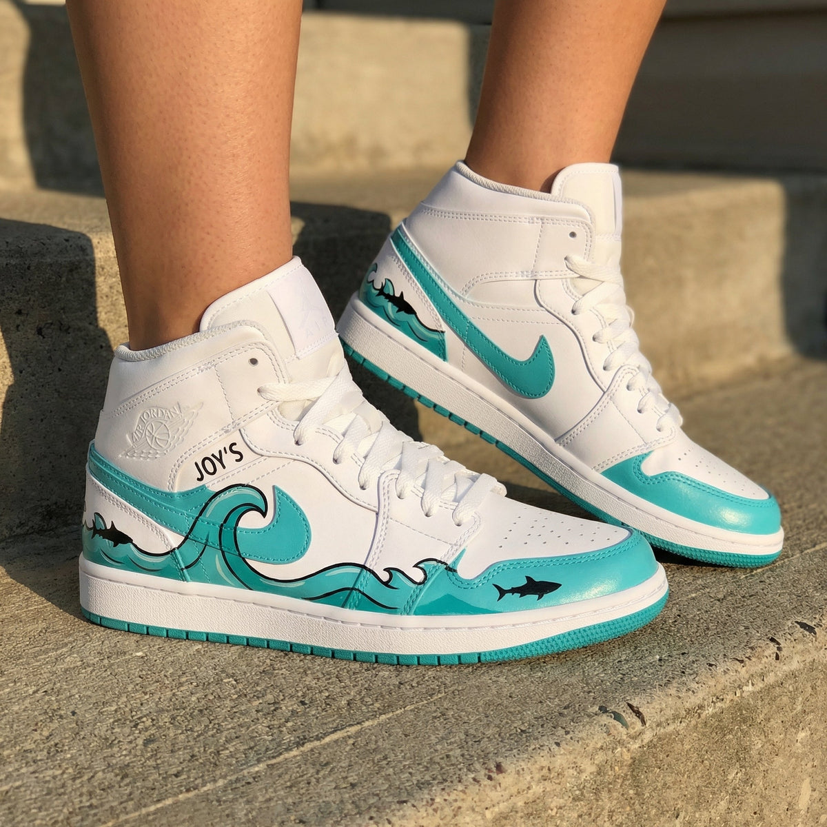 Wave And Sharks White And Teal Custom Air Jordan 1