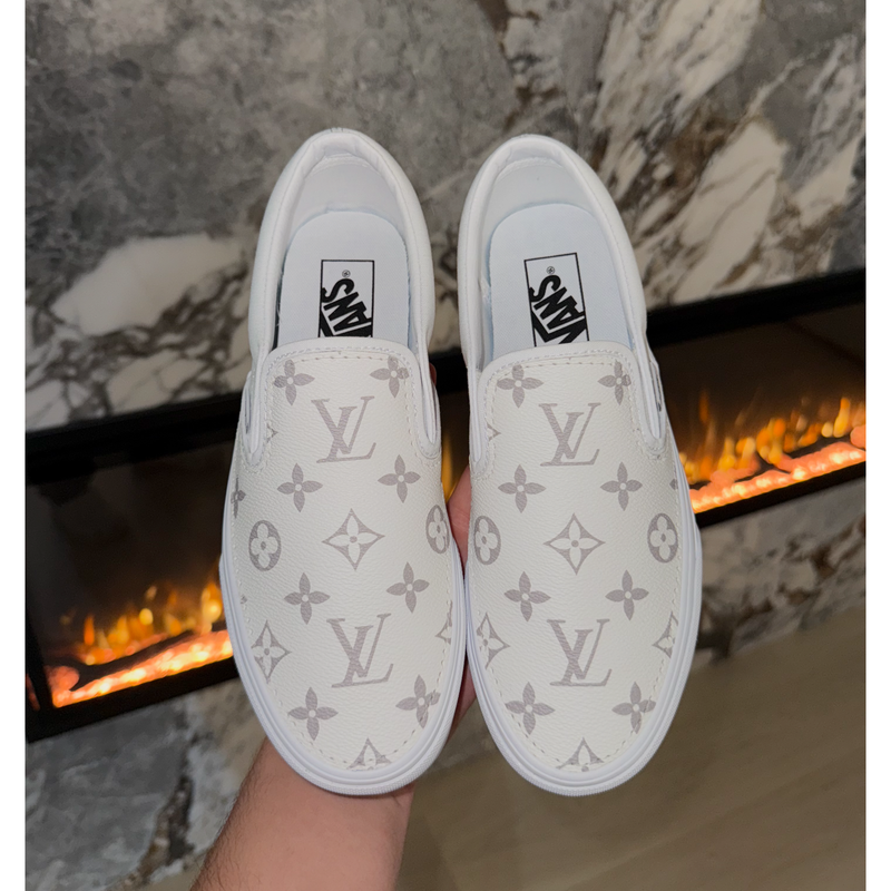 Hand Painted White Monogram Custom Vans Slip On Sneakers