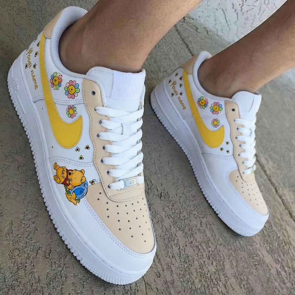 Winnie - the - Pooh Flowers Bees Pattern Cream Yellow Custom Air Force 1