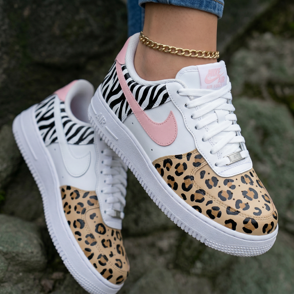 Zebra Leopard Print Baby Pink Beige Custom Air Force 1